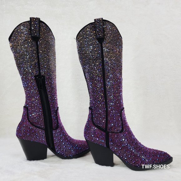 Western Glow Multi Purple Ombre Rhinestone Disco Cowgirl Knee Boots - Picture 15 of 17